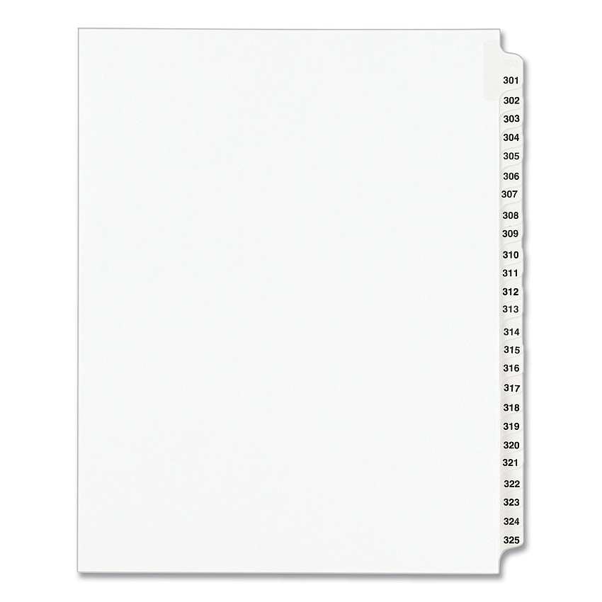 Preprinted Legal Exhibit Side Tab Index Dividers, Avery Style, 25-Tab, 301 to 325, 11 x 8.5, White, 1 Set, (1342) (AVE01342)