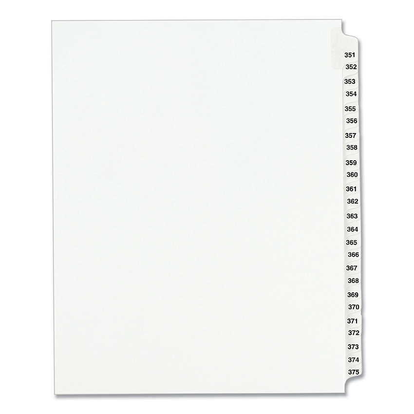 Preprinted Legal Exhibit Side Tab Index Dividers, Avery Style, 25-Tab, 351 to 375, 11 x 8.5, White, 1 Set, (1344) (AVE01344)