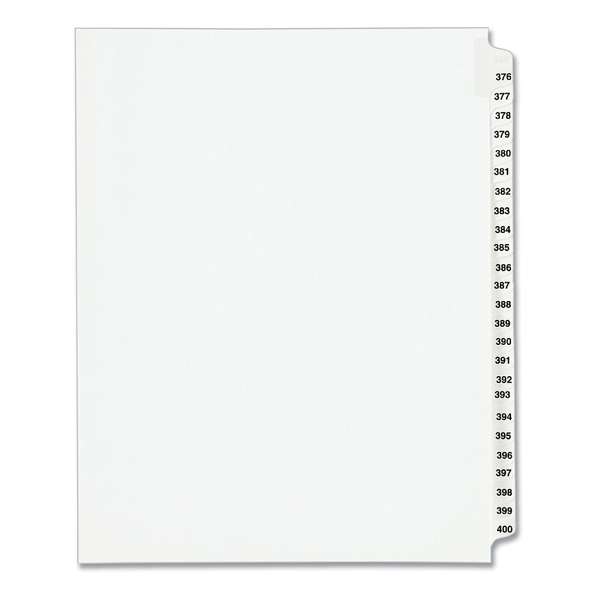 Preprinted Legal Exhibit Side Tab Index Dividers, Avery Style, 25-Tab, 376 to 400, 11 x 8.5, White, 1 Set, (1345) (AVE01345)