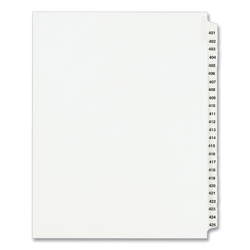 Preprinted Legal Exhibit Side Tab Index Dividers, Avery Style, 25-Tab, 401 to 425, 11 x 8.5, White, 1 Set, (1346) (AVE01346)