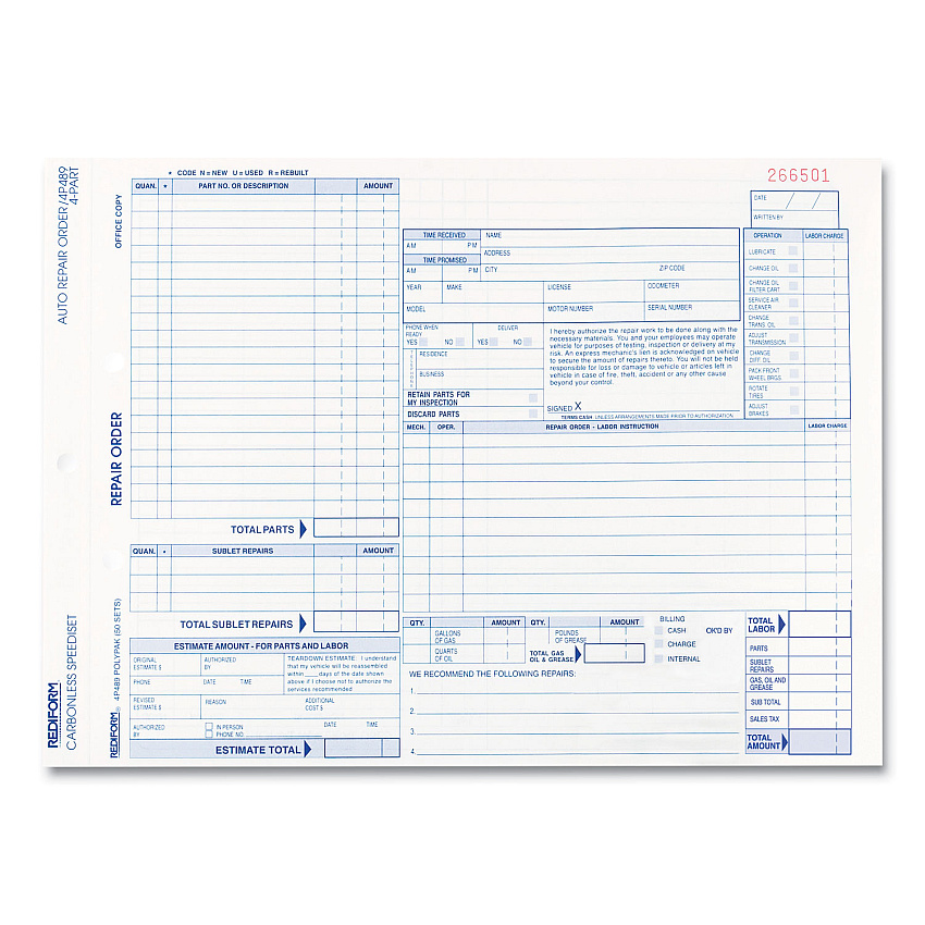 Rediform Speediset Four-Part Auto Repair Form, Four-Part Carbonless, 11 x 8.5, 50 Forms Total (RED4P489)