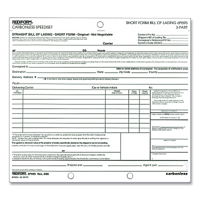 Rediform Speediset Bill of Lading, Short Form, Three-Part Carbonless, 7 x 8.5, 50 Forms Total (RED6P695)