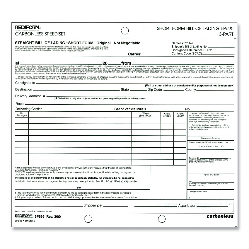 Rediform Speediset Bill of Lading, Short Form, Three-Part Carbonless, 7 x 8.5, 50 Forms Total (RED6P695)