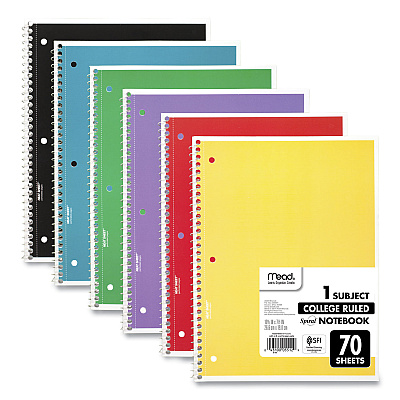 Mead Spiral Notebook, 1-Subject, Medium/College Rule, Assorted Cover Colors, (70) 10.5 x 8 Sheets, 6/Pack (MEA73065)