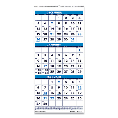 AbilityOne 7510016828102, SKILCRAFT Wirebound 3-Month-View Vertical Wall Calendar, 12.25 x 26, White/Blue, 14-Month: Dec 2025 - Jan 2027