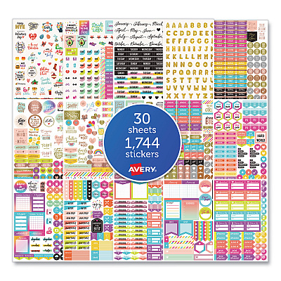 Avery Planner Sticker Variety Pack, Budget, Fitness, Motivational, Seasonal, Work, Assorted Colors, 1,744/Pack (AVE6785)