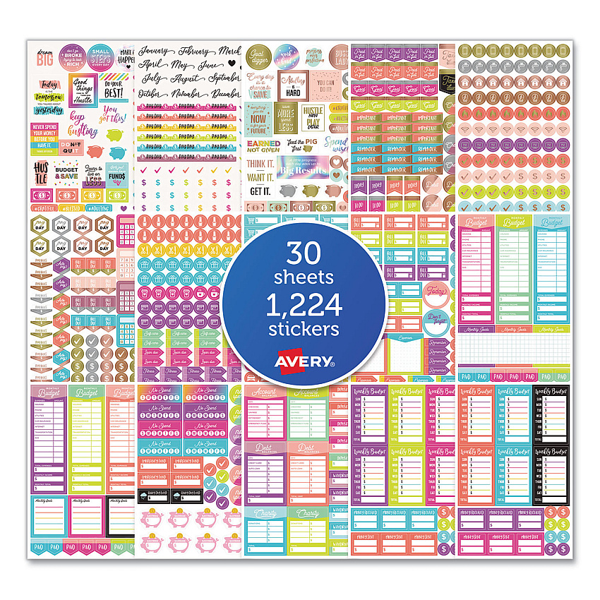 Avery Budgeting Planner Stickers, Budget Theme, Assorted Colors, 1,224/Pack (AVE6788)