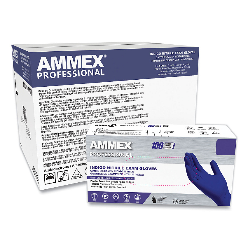 AMMEX Professional Nitrile Exam Gloves, Powder-Free, 3 mil, Medium, Indigo, 100/Box (AXCAINPF44100)