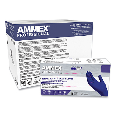 AMMEX Professional Nitrile Exam Gloves, Powder-Free, 3 mil, X-Large, Indigo, 100/Box (AXCAINPF48100)
