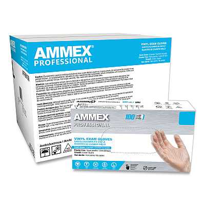 AMMEX Professional Vinyl Exam Gloves, Powder-Free, Large, Clear, 100/Box (AXCVPF66100)
