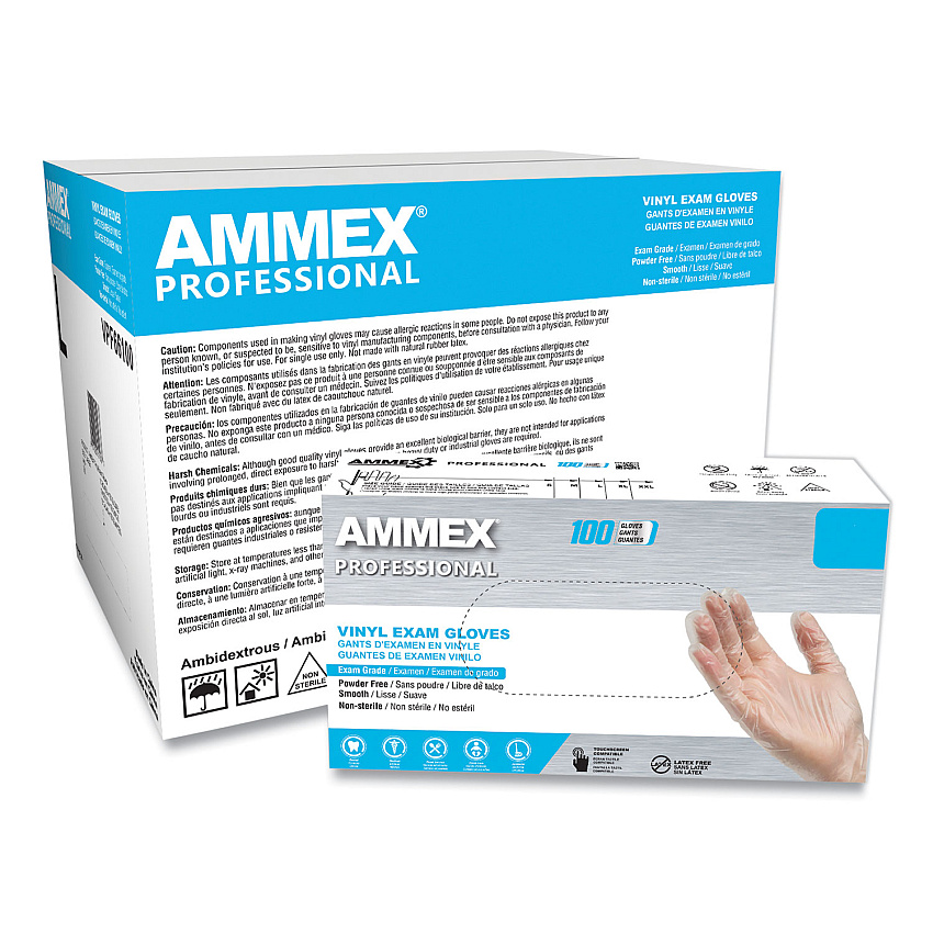 AMMEX Professional Vinyl Exam Gloves, Powder-Free, Large, Clear, 100/Box (AXCVPF66100)