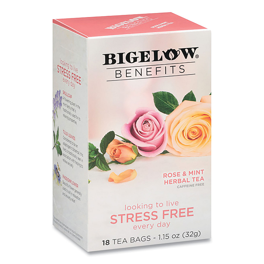 Bigelow Benefits Rose & Mint Herbal Tea Bags, 0.6 oz Tea Bag, 18/Box (BTC1027)