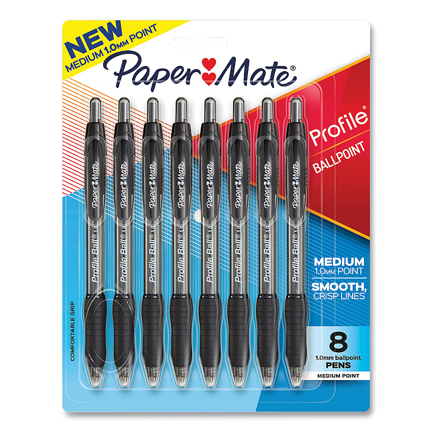 Paper Mate Profile Ballpoint Pen, Retractable, Medium 1 mm, Black Ink, Translucent Black Barrel, 8/Pack (PAP2095460)