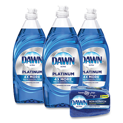 Dawn Platinum Liquid Dish Detergent, Refreshing Rain Scent, (3) 24 oz Bottles Plus (2) Sponges/Carton (PGC49041)