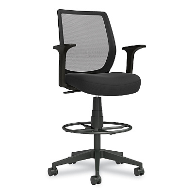 Union & Scale Essentials Mesh Back Fabric Drafting Stool with Arms, Supports Up to 275 lb, Black Seat/Back, Black Base (UOS59384)