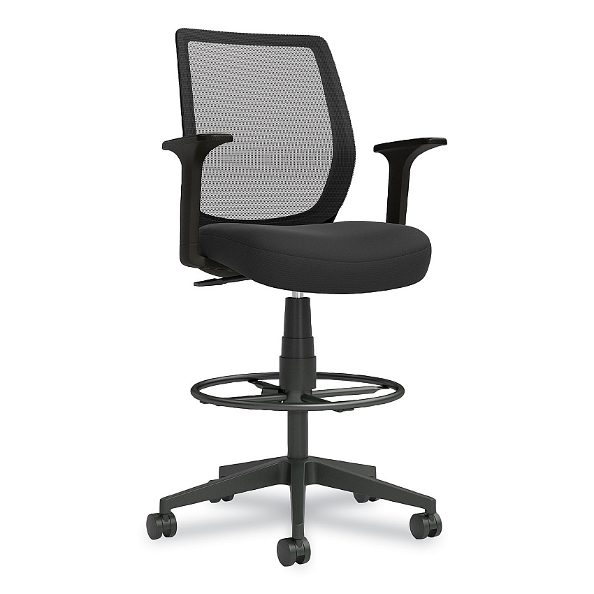 Union & Scale Essentials Mesh Back Fabric Drafting Stool with Arms, Supports Up to 275 lb, Black Seat/Back, Black Base (UOS59384)