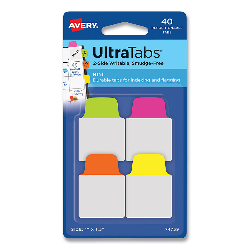Avery Ultra Tabs Repositionable Tabs, Mini Tabs: 1" x 1.5", 1/5-Cut, Assorted Neon Colors, 40/Pack (AVE74759)