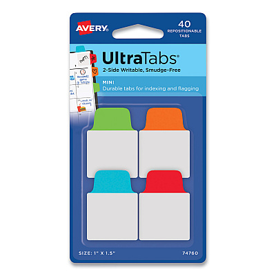 Avery Ultra Tabs Repositionable Tabs, Mini Tabs: 1" x 1.5", 1/5-Cut, Assorted Colors, 40/Pack (AVE74760)