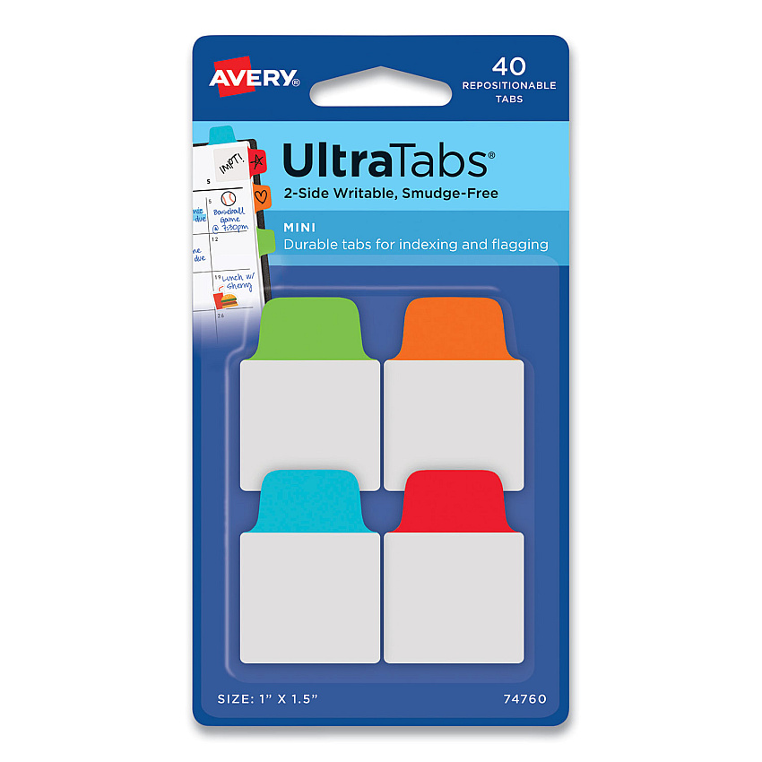 Avery Ultra Tabs Repositionable Tabs, Mini Tabs: 1" x 1.5", 1/5-Cut, Assorted Colors, 40/Pack (AVE74760)