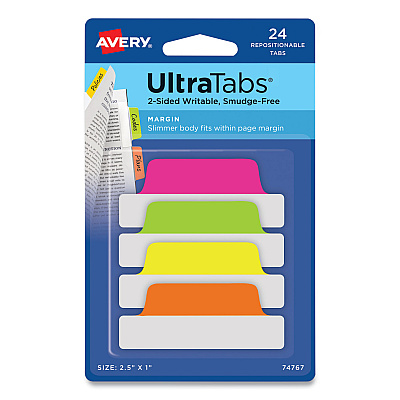 Avery Ultra Tabs Repositionable Tabs, Margin Tabs: 2.5" x 1", 1/5-Cut, Assorted Neon Colors, 24/Pack (AVE74767)