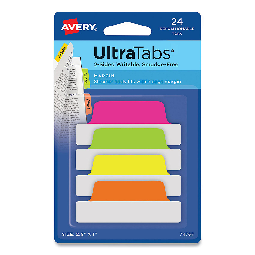 Avery Ultra Tabs Repositionable Tabs, Margin Tabs: 2.5" x 1", 1/5-Cut, Assorted Neon Colors, 24/Pack (AVE74767)