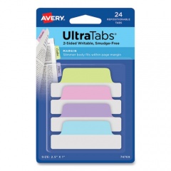 Avery Ultra Tabs Repositionable Tabs, Margin Tabs: 2.5" x 1", 1/5-Cut, Assorted Pastel Colors, 24/Pack (74769)