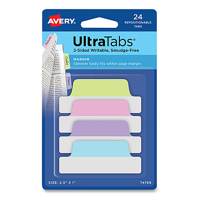 Avery Ultra Tabs Repositionable Tabs, Margin Tabs: 2.5" x 1", 1/5-Cut, Assorted Pastel Colors, 24/Pack (AVE74769)