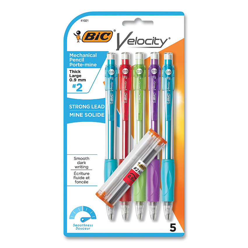 BIC Velocity Original Mechanical Pencil, 0.9 mm, HB (#2), Black Lead, Assorted Barrel Colors, 5/Pack (BIC41021)
