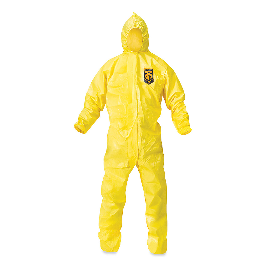 KleenGuard A70 Chemical Spray Protection Coveralls, Hooded, Storm Flap, Large, Yellow, 12/Carton (KCC09813)