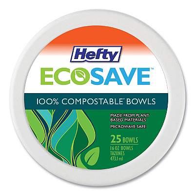 Hefty ECOSAVE Tableware, Bowl, Bagasse, 16 oz, White, 25/Pack, 12 Packs/Carton (RFPD71625)
