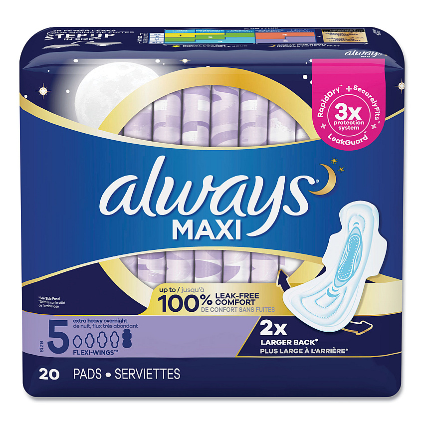 Always Maxi Pads, Extra Heavy Overnight, 20/Pack, 6 Packs/Carton (PGC17902)