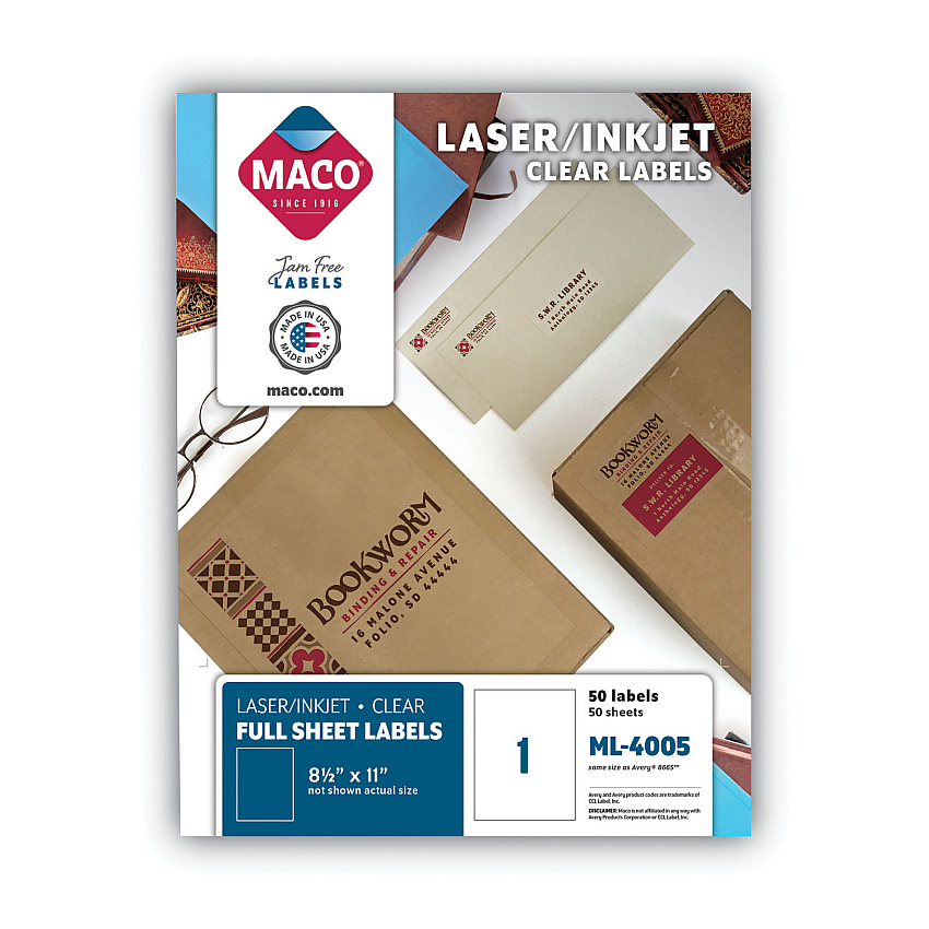 MACO Matte Clear Printable Shipping Address Labels, Inkjet/Laser Printers, 8.5 x 11, Matte Clear, 50/Box (MACML4005)