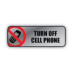 COSCO Brushed Metal Office Sign, Turn Off Cell Phone, 9 x 3, Silver/Red (COS098211)