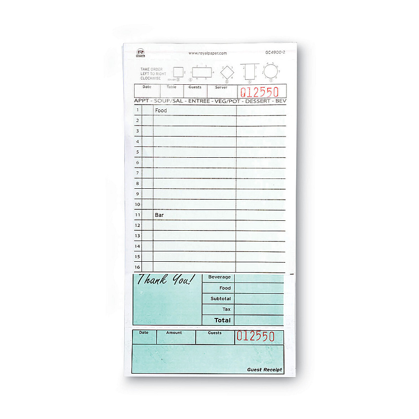 AmerCareRoyal Guest Check Pad, 16 Lines, Two-Part Carbonless, 4.2 x 8.25, 50 Forms/Pad, 50 Pads/Carton (RPPGC49002)
