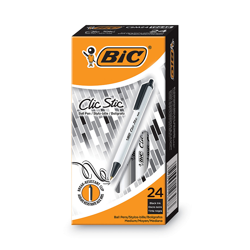 BIC Clic Stic Ballpoint Pen Value Pack, Retractable, Medium 1 mm, Black Ink, White Barrel, 24/Pack (BICCSM241BK)