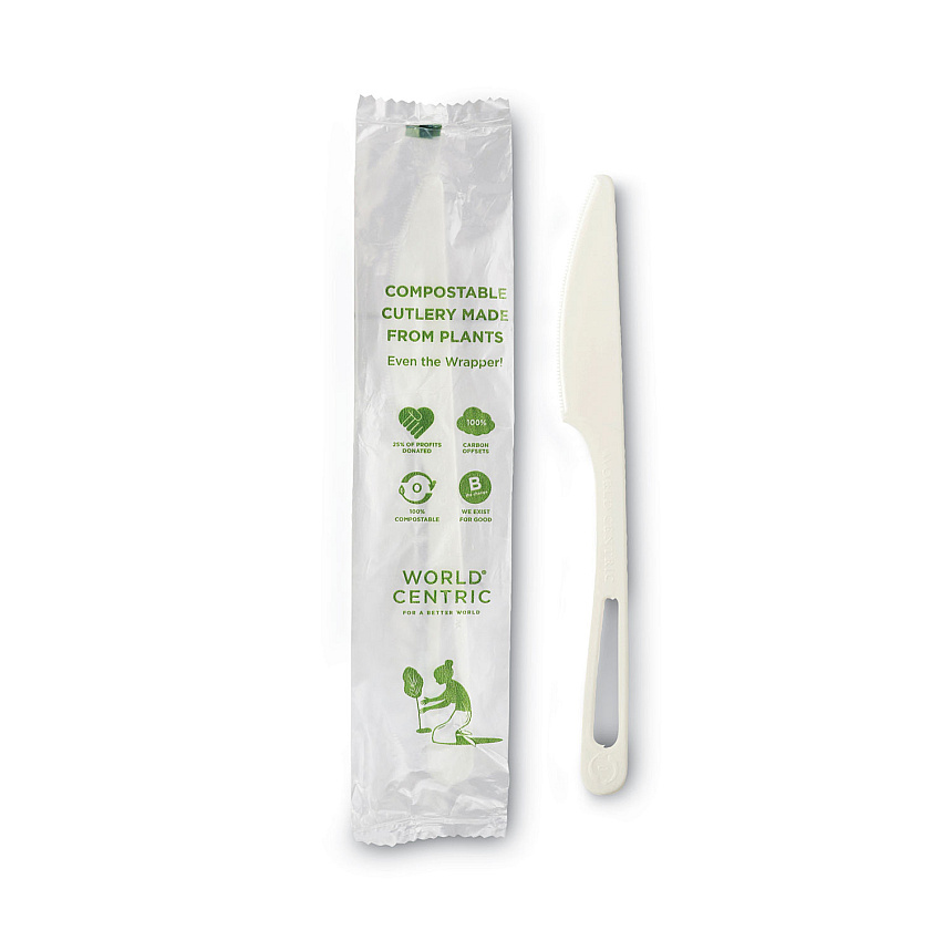 World Centric TPLA Compostable Cutlery, Knife, 6.7", White, 750/Carton (WORKNPSI)