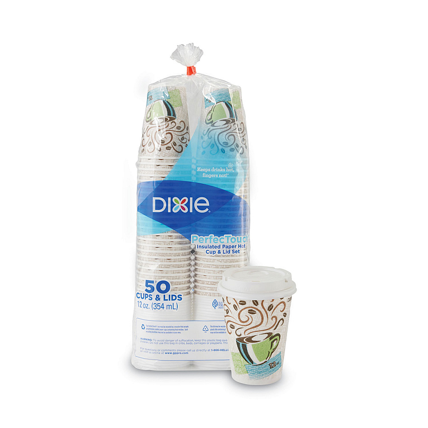 Dixie PerfecTouch Paper Hot Cups and Lids Combo, 12 oz, Multicolor, 50 Cups/Lids/Pack (DXE5342COMBO600)