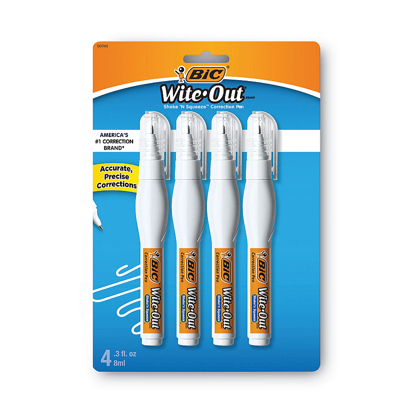 BIC Wite-Out Shake 'n Squeeze Correction Pen, 8 mL, White, 4/Pack (BICWOSQPP418)