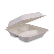 Boardwalk Bagasse Food Containers, Hinged-Lid, 3-Compartment 9 x 9 x 3.19, White, 100/Sleeve, 2 Sleeves/Carton (HINGEWF3CM9)