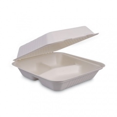 Boardwalk Bagasse Food Containers, Hinged-Lid, 3-Compartment 9 x 9 x 3.19, White, Sugarcane, 100/Sleeve, 2 Sleeves/Carton (HINGEWF3CM9)