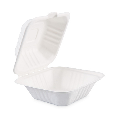 Boardwalk Bagasse Food Containers, Hinged-Lid, 1-Compartment 6 x 6 x 3.19, White, Sugarcane, 125/Sleeve, 4 Sleeves/Carton (BWKHINGEWF1CM6)