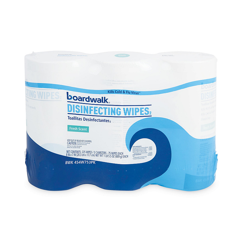 Boardwalk Disinfecting Wipes, 7 x 8, Fresh Scent, 75/Canister, 3 Canisters/Pack (BWK454W753PK)