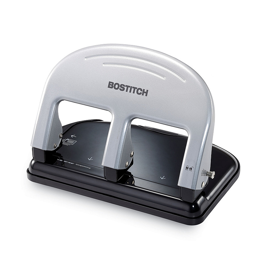 Bostitch 40-Sheet EZ Squeeze Three-Hole Punch, 9/32" Holes, Black/Silver (ACI2240)
