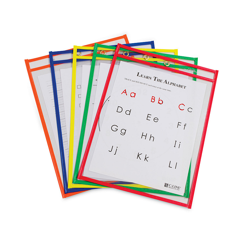 C-Line Reusable Dry Erase Pockets, 9 x 12, Assorted Primary Colors, 10/Pack (CLI40610)