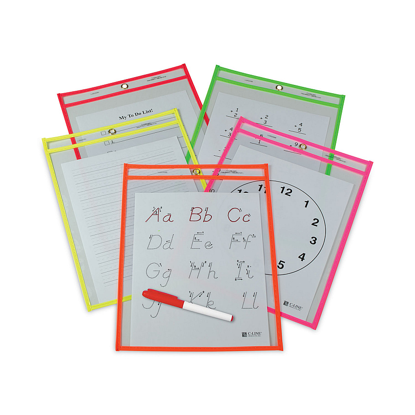 C-Line Reusable Dry Erase Pockets, 9 x 12, Assorted Neon Colors, 25/Box (CLI40820)