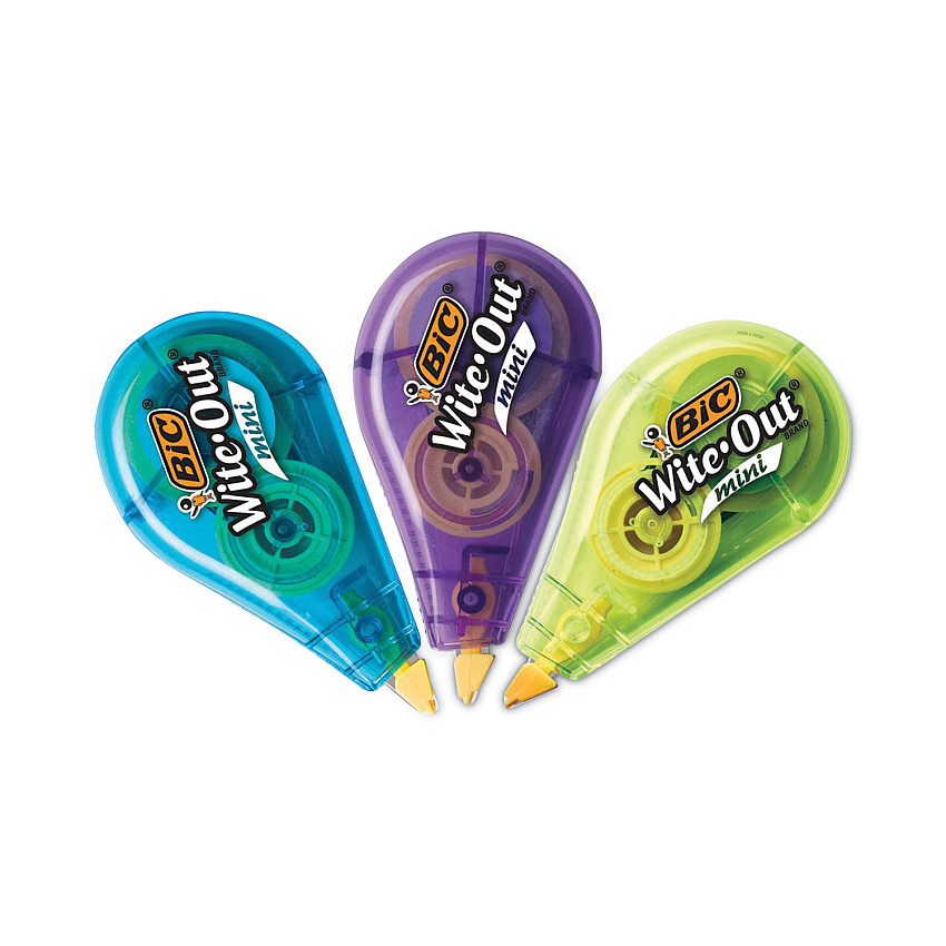 BIC Wite-Out Brand Mini Correction Tape, Non-Refillable, Blue/Purple/Yellow Applicators, 0.2" x 314.4", 3/Pack (BICWOTMP31WHI)