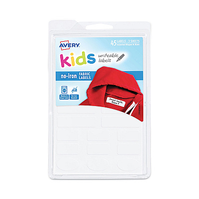 Avery Kids No-Iron Fabric Labels, Handwrite Only, Assorted Shapes and Sizes, White, 15 Labels/Sheet, 3 Sheets/Pack (AVE40700)