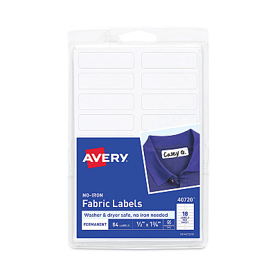 Avery No-Iron Fabric Labels, 0.5 x 1.75, White, 18/Sheet, 3 Sheets/Pack (AVE40720)