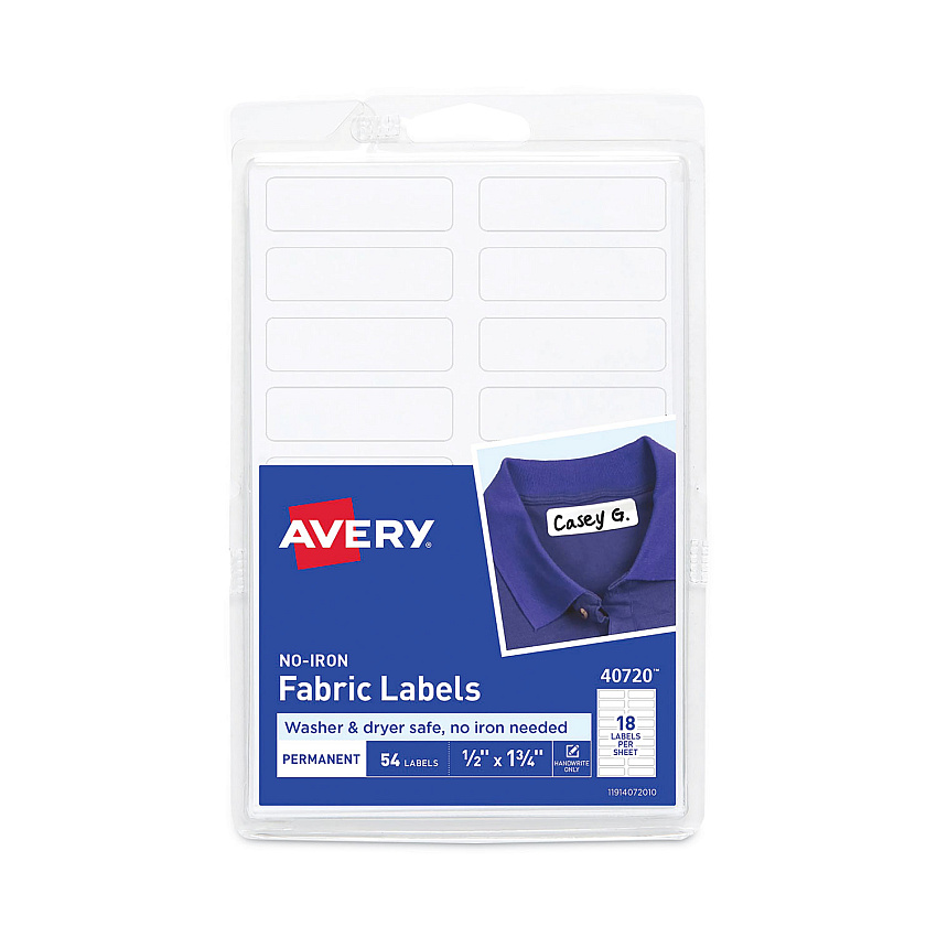 Avery No-Iron Fabric Labels, 0.5 x 1.75, White, 18/Sheet, 3 Sheets/Pack (AVE40720)
