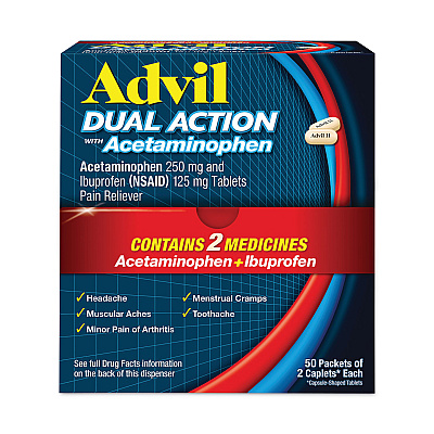 Advil Dual Action with Acetaminophen and Ibuprofen Caplets, 50 Packets of 2 Caplets (AVL014795)